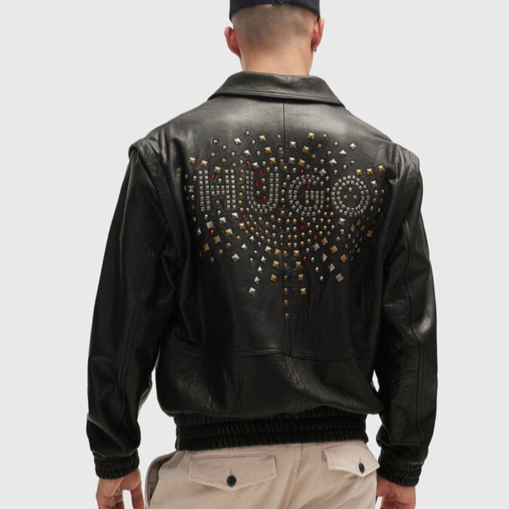 HUGO Brand New Black Leather Bomber Jacket with Studded Design